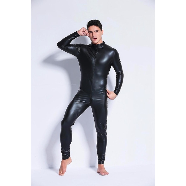 Sexig Herrar Wet Look Latex Catsuit Faux Läder Tvåvägs Lång Dragkedja Krokmocka Bodysuit Nattklubb DS Jumpsuit Lingerie Kostym Black-A XXXL