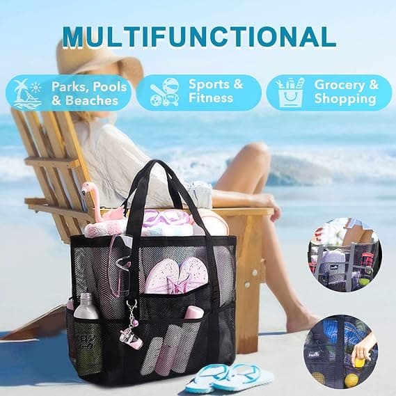 1 stk. Sort Stor Mesh Strandtaske, Strandtaske, Sommer Mesh