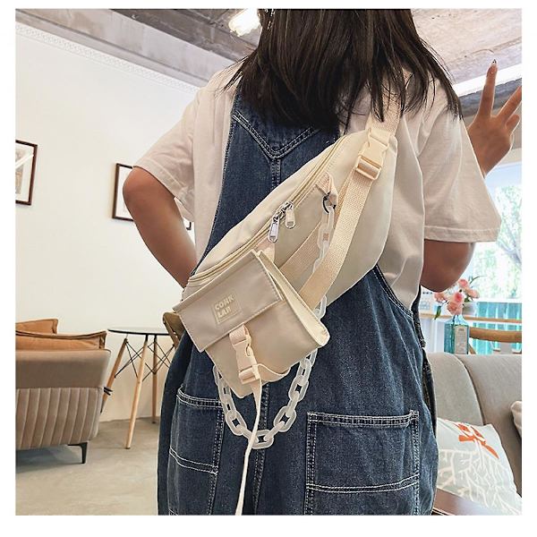 Enkel axelväsk, college-stil för kvinnor, mjuk tjej, student, nylon midjeväska A916-980 White