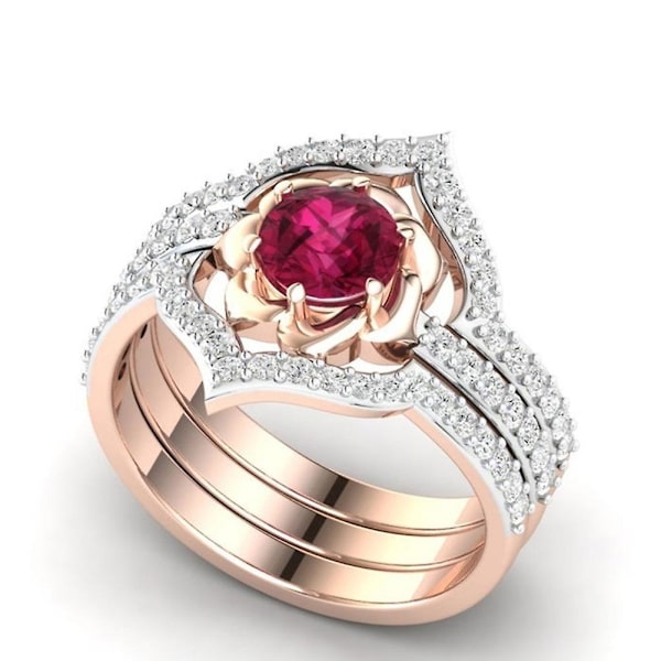 3 stk. Elegante Kvinders Faux Ruby Rhinestone Indlagt Finger Ring Bånd Smykker Gave US 8
