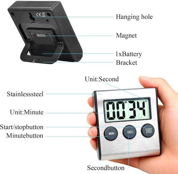 Mini Digital Køkkentimer, Magnetisk Køkkentimer, 100 Minutters Nedtælling og Stopur - Perfekt til Køkkenet