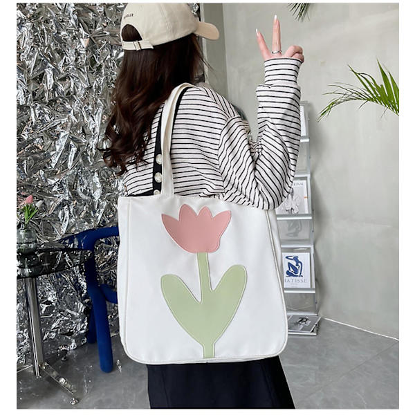 Mediumblommig Canvas Tote Bag för Universitetsstudenter, Blommiga Shopping Canvasväskor, Initialer Återanvändbara Väskor Vit