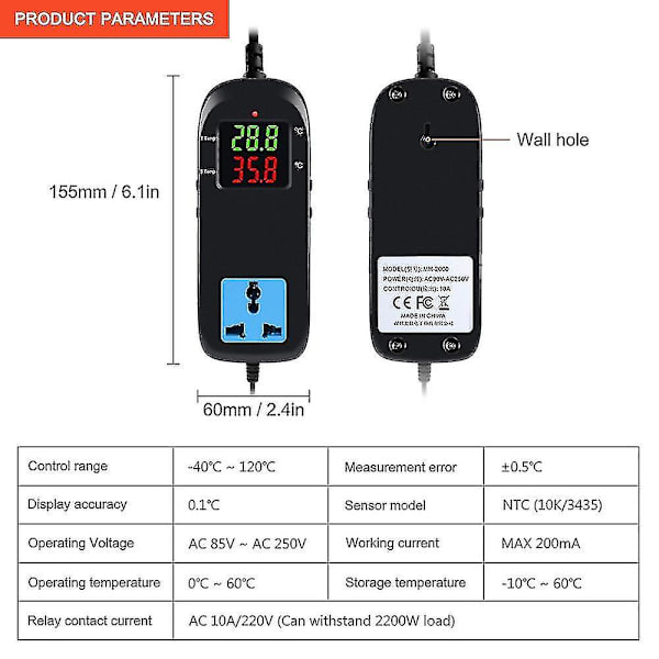 Mh-2000 Ac90v~ 250v Kvalitets Elektronisk Termostat Led Digital Opdrætstemperaturstyring Med Stik