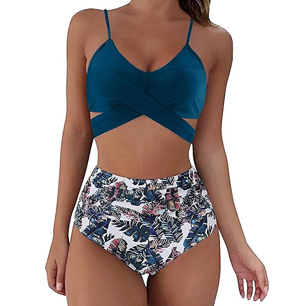 Dam Bikinisätt med Blommönster, Hög Midja, Sommar, Sexig Baddräkt, Strandkläder Blue M