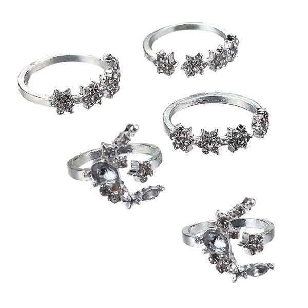 5-pack Fashion Kvinnors Rhinestone-Inlagda Måne Stjärna Blomma Stackbara Midi Ringar