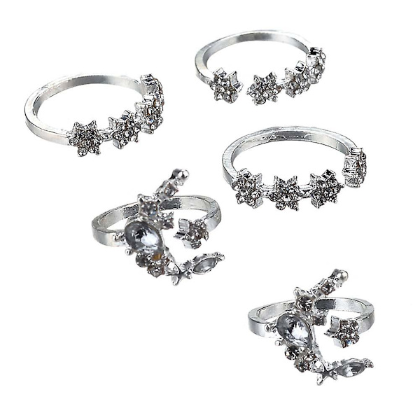5 stk./sæt Mode Kvinder Rhinestone Indlagt Månestjerne Blomst Stak Midi Ring