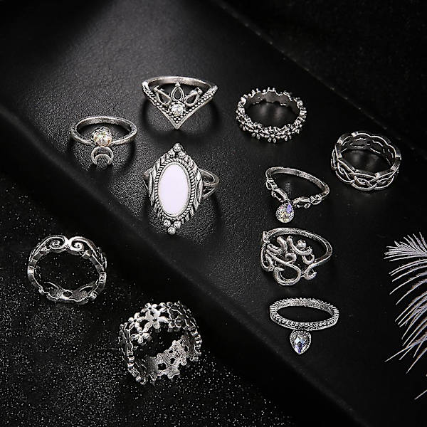 10 st Kvinnors Retro Falsk Opal Rhinestone Knuckle Midi Finger Stacking Joint Ring