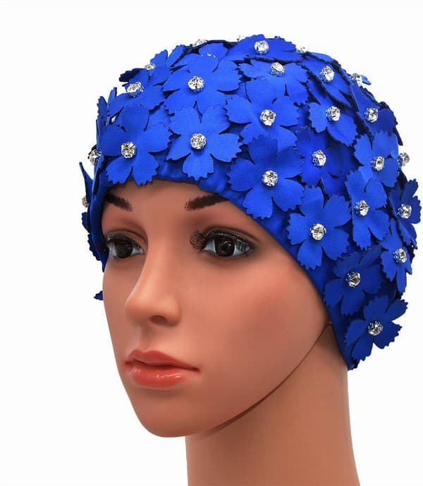 Kvinnors retro stil blomma kronblad strass manuell simning mössor, blå,