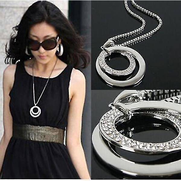 Lång kedja kvinnor mode kristall strass silverpläterad hänge halsband gåva