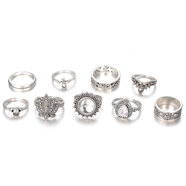 9-pack Retro Kvinnors Rhinestone Knuckle Finger Ring Smycken Tillbehör Presenter
