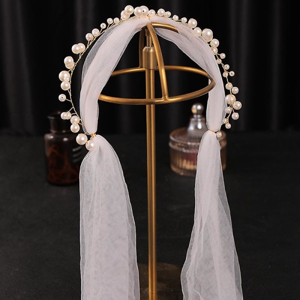 Pearl brude hovedstykke med slør Bryllup pandebånd til brude Håndlavede blomster opsatte hårtilbehør