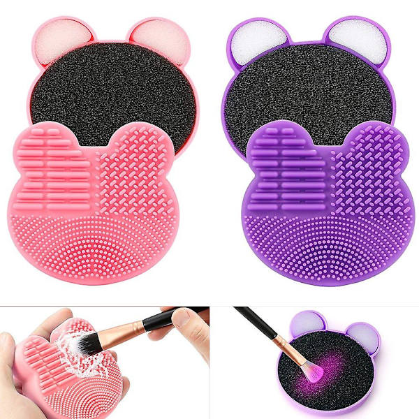 2-pack sminkborste rengöringsmatta med färgborttagningssvamp, 2-i-1 design silikonrengöringsplatta för torr borstfärgsväxling och våtrengöring (rosa&