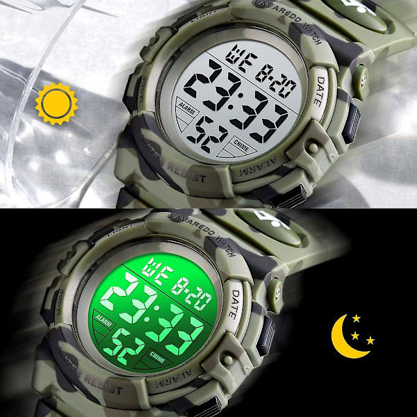 Børneur, drengeur til 6-15 år, digital sport udendørs multifunktionel chronograph LED 50M vandtæt