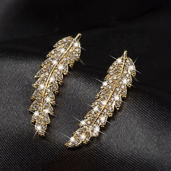 Kvinders Fjerformede Krystal Stud Øreringe Damer Rhinestone Øre Smykker Golden