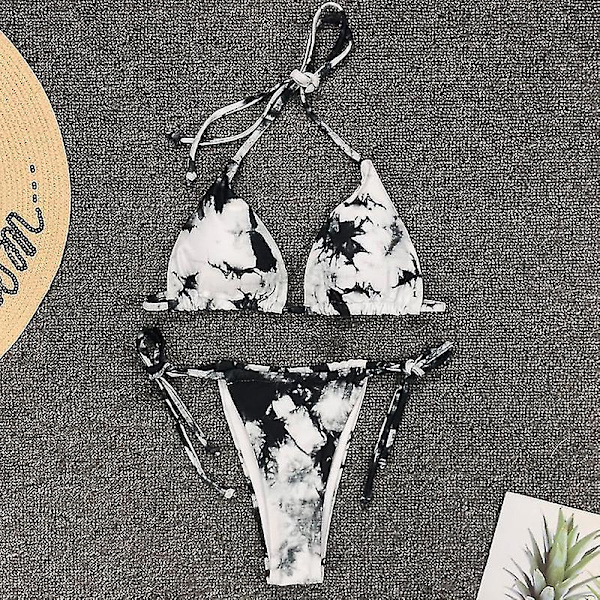 Bandage Tie Dye Halter Bikini Set med Vaddering, Brasiliansk Baddräkt för Kvinnor Black M
