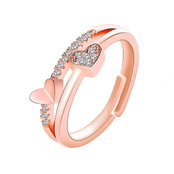 Damring med dubbla hjärtan, strassbesatt, hålband, modeaccessoar Rose Golden