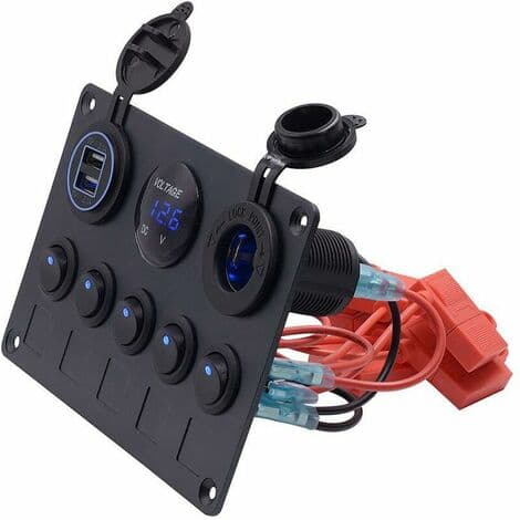 5-Gang Rocker Switch Panel, Dobbelt USB-Udtag 12V Oplader Strømudtag LED Voltmeter til Bil, Båd, Campingvogn, Autocamper (Blå) -