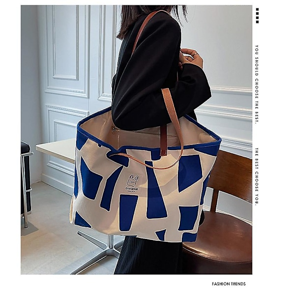 Dam Canvas Väska Stor Handväska Tote Bag Semester Strandväska Shoppingväska Stor Kapacitet Axelväska Hinkväska För Skola Arbete Resa Blixtlås Blue