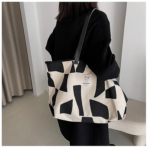 Dam Canvas Väska Stor Handväska Tote Väska Semester Strandväska Shoppingväska Stor Kapacitet Axelväska Hinkväska För Skola Arbete Resa Dragkedja Stängning Black