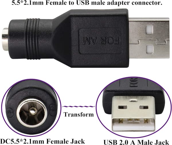 USB 2.0 A hann til DC 5.5x2.1mm kontakt ladefatkontakt strømadapter USB-kontakt 5V (strømadapter 2.5A maks.)