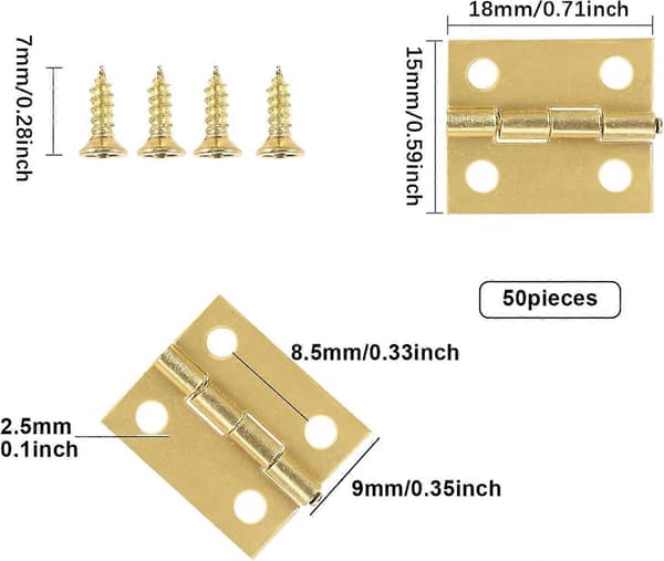 50 Stykker Mini Modelhængsler, 18 x 15 mm Små Rustfri Stål Messinghængsler Holdbare og Robuste Usynlige Dørhængsler til Æsker Smykkeskrin Skab Dra
