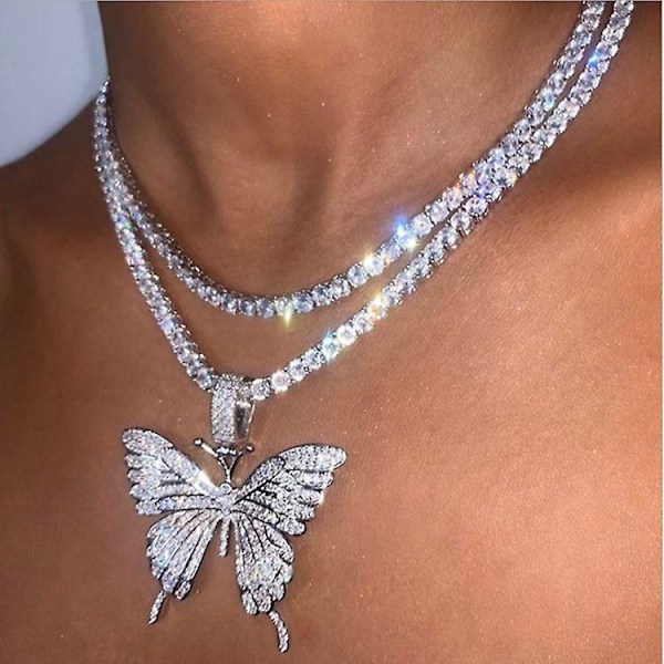 Krystall Butterfly Choker Halskjede Rhinestone Anheng Halskjeder Kjede Glitrende Butterfly Smykker Motefest Tilbehør For Kvinner Og Jenter White K