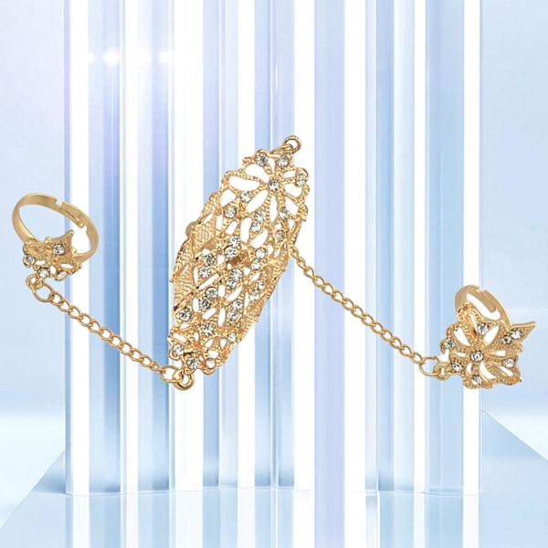 Öppningsring med strass, legering, guld, ihålig blad, dubbla fingrar, kedjering för dejting