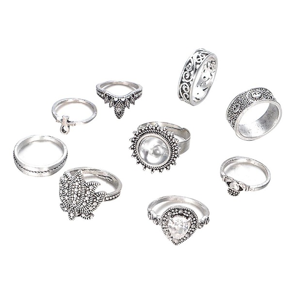 9-pack Retro Kvinnors Rhinestone Knuckle Finger Ring Smycken Tillbehör Presenter