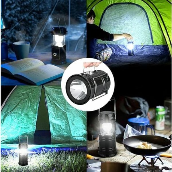 Solar/ USB uppladdningsbar LED-lykta, kraftfull campinglampa, bärbar trädgårdslykta med 2 lägen, hängande belysning med 360° ficklampa