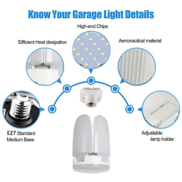 LED Garageloft, E27 6000K Naturlys 60W Sammenfoldelig Arbejdslampefod til Lade, Garage, Lager 85-265V Sasicare, til