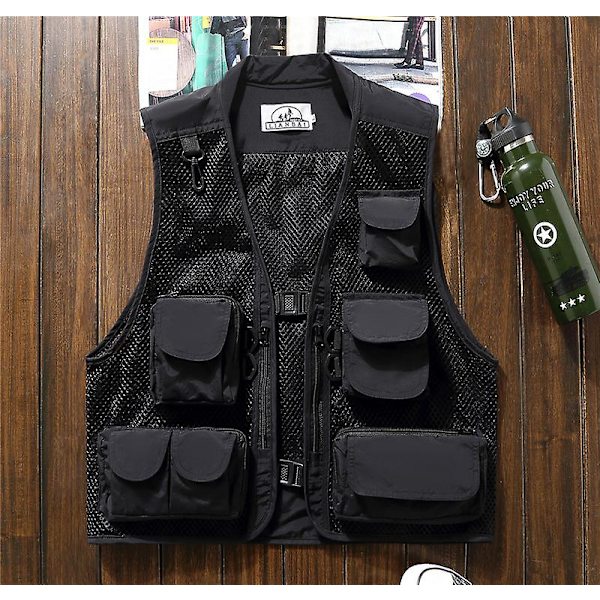 Sommar utomhus mesh cargo väst för män och kvinnor, multi-ficka funktionell fotograferingsväst, fiskehästklämma väst, tunn black M