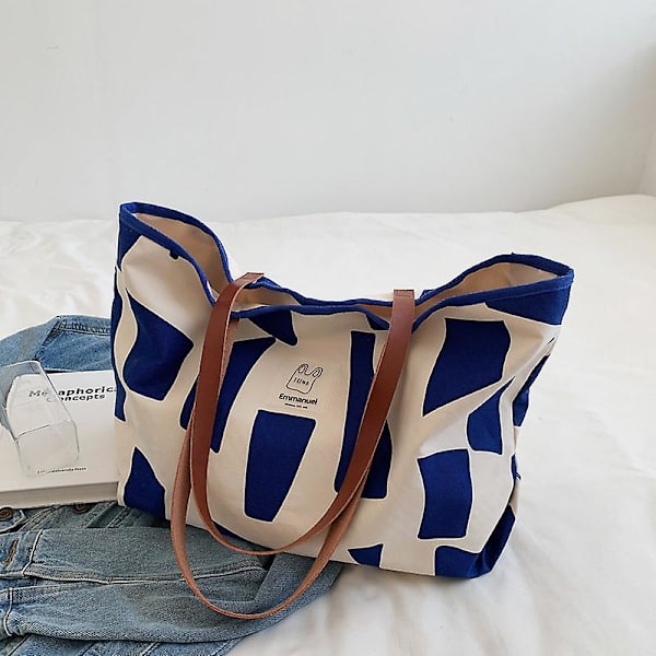 Dam Canvas Väska Stor Handväska Tote Bag Semester Strandväska Shoppingväska Stor Kapacitet Axelväska Hinkväska För Skola Arbete Resa Blixtlås Blue