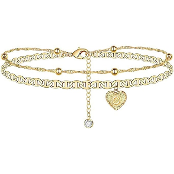 Anklet-rannekoru sydänriipuksella, kaiverrettu kirjain, 2-kerroksinen seosrannekoru O