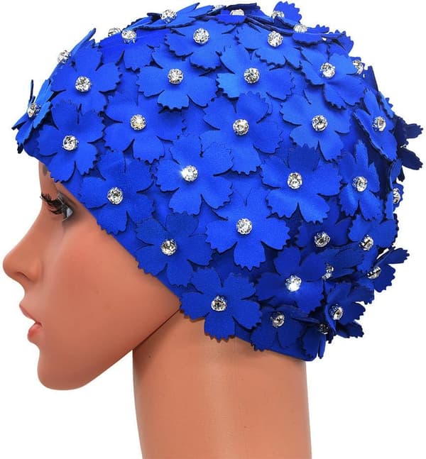 Kvinnors retro stil blomma kronblad strass manuell simning mössor, blå,