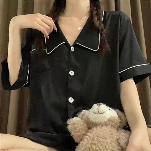 Pyjamas för kvinnor, vår & sommar, långärmad, is-silke, lyxig spets, imitationssilke, tunn hemmaklädset black L