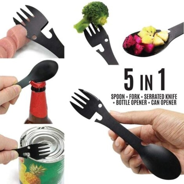 1 Bärbar Multifunktionell Sked Gaffel Flasköppnare Sågtandskniv för Camping Picknick 18*3.5cm Svart