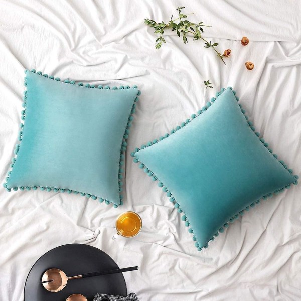 Sæt af 2 Fløjls Pudebetræk Dekorative Pudebetræk Pompom Pompom Pude Puder Bløde og Solide med Kvadratiske Pompoms til Sofa Soveværelse Sofa 45x45cm 22 x22 Teal Green