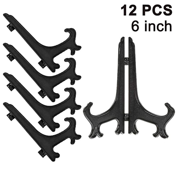Piao 12 stk. Plastik Staffeli Pladeholdere, Pladeholdere, Foldbare Plader, Display Stativer Til Præsentation Af Samlingsplader, Skålholdere, Bøger, P Black 6 inch