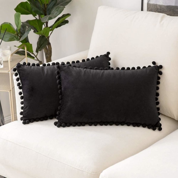 Sæt med 2 fløjls pudebetræk dekorative pudebetræk Pompom Pompom pude puder bløde og ensfarvede med firkantede pomponer til sofa soveværelse sofa 45x45cm 12 x20 Black