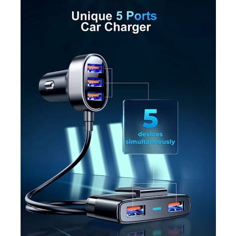 5 multi-port billadere, smarttelefon billader, multi-USB billader med 1,5 m kabel