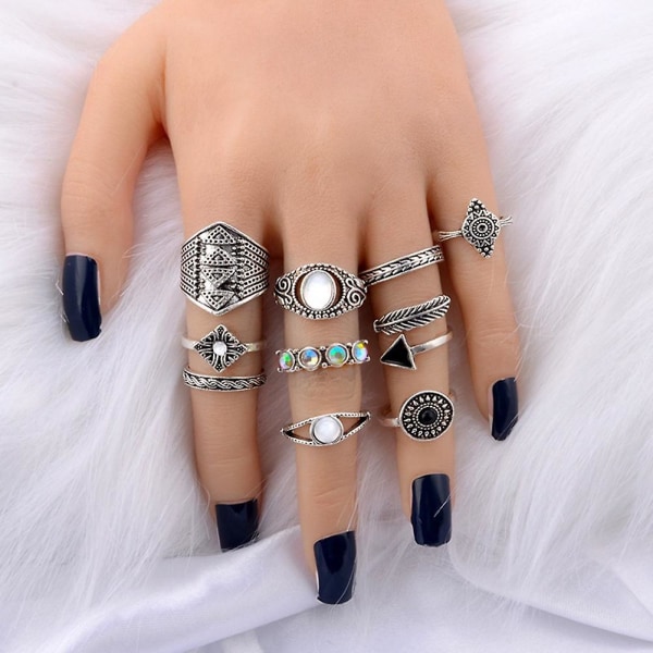 10 st/set Boho Kvinnor Retro Sol Fjäder Pil Carved Knuckle Midi Stacking Ringar Bronze