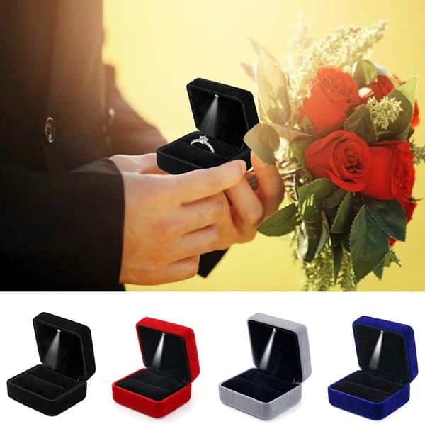 Fløyelsringboks med LED-lys Ringboks for bryllup, frieri,