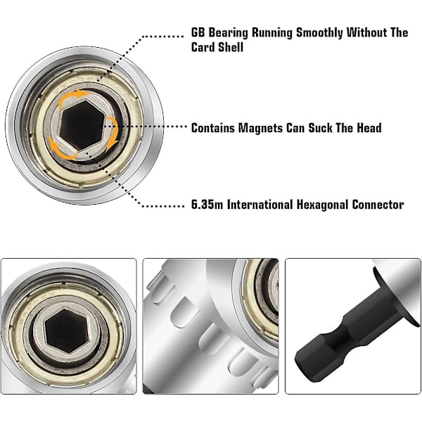 2-delad vinkelborr Vinklad adapterdrivrutin och skruvmejselborrfäste med magnetisk bitshållare Snabbväxlande sexkant 6 mm från 1/4-tums borr
