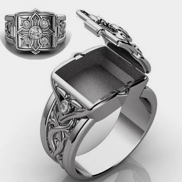 Ring i form av en låda med lock, smycken, geometrisk flip-flop, fingerring, födelsedagspresenter Silver US 11