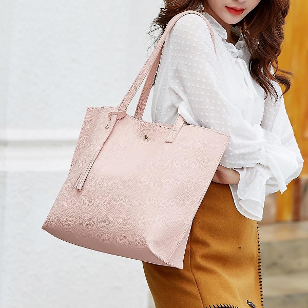 2 st Pu Läder Tote Väskor Handväska Satchel Stor Kapacitet Messenger Väskor Handväska För Kvinnor Rosa)