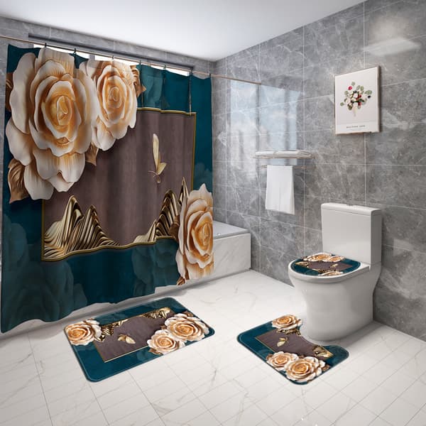 Firedelt sett med malte og trykte gulvmatter, preget plommeblomst-fugl polyester dusjforheng, N04