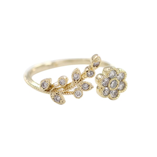 Elegant Blomstgren Rhinestone Justerbar Åpen Finger Ring Kvinne Smykker Gave Golden