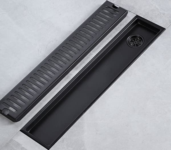 Svart rektangulær gulvrist i 304 rustfritt stål, lang gulvrist med sideavløp (20 cm lang)