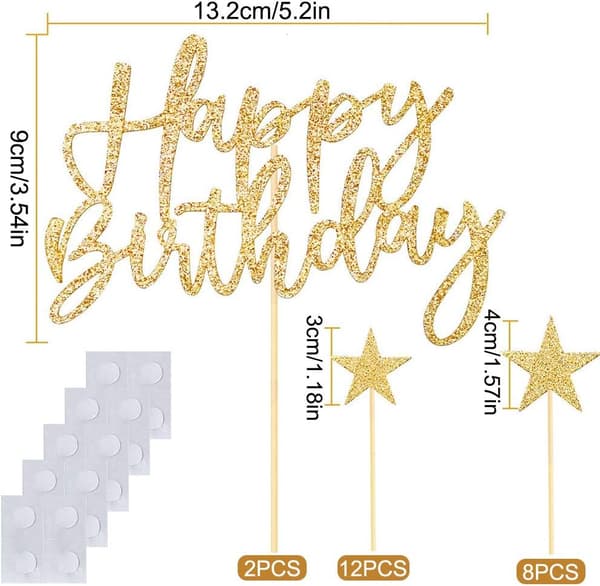 Gull Happy Birthday Kake Topper, 2 Sett Kake Topper Bursdag