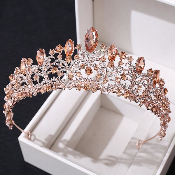 Brudblå Krona Hårband Bröllop Födelsedagskrona Huvudbonad Rhinestones Retro Lyx Hår Rose Gold Peach Diamond